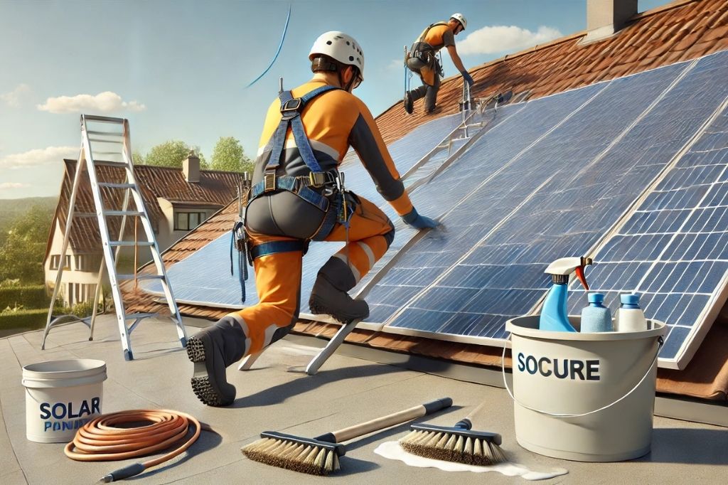 Preparation For Solar Panel Cleaning On A Sloping Roof